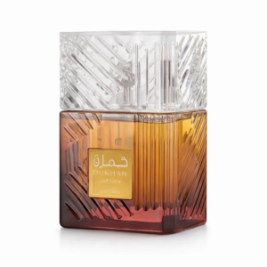 Lattafa Dukhan perfume bottle with amber gradient and textured cap