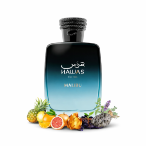 Hawas Malibu perfume bottle for men with tropical fruits and lavender