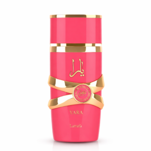 Lattafa Yara Candy perfume bottle in pink and gold on white background