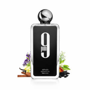 Afnan 9PM Silver perfume bottle with silver cap and black label