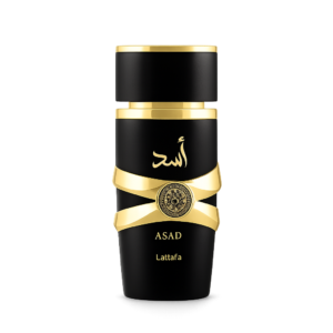 Lattafa Asad perfume bottle in black and gold with Arabic text