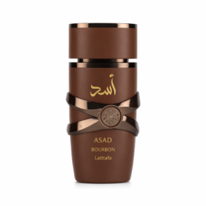 Lattafa Asad Bourbon perfume bottle with metallic accents on white background