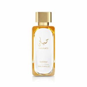 HAYAATI Gold Elixir 10ml perfume bottle with gold cap on white background