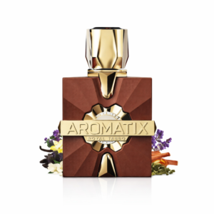 Aromatix Royal Taboo perfume bottle with gold cap and brown geometric design