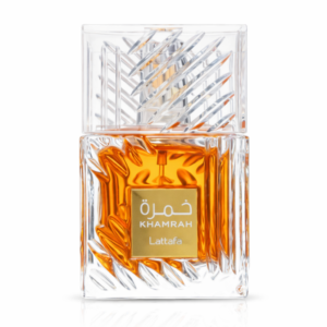 Khamrah Lattafa perfume bottle with amber liquid and gold label