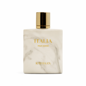 Rayhaan Italia Pour Homme perfume bottle with marble texture and gold cap
