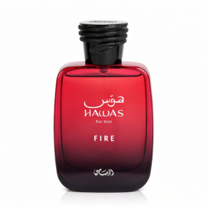 Hawas Fire For Him red perfume bottle with black cap on white background