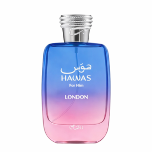 Hawas London For Him perfume bottle with blue-to-pink gradient and silver cap