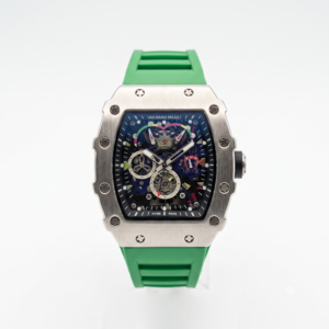 Silver tonneau luxury watch with skeleton dial and green rubber strap