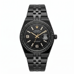 Front view of a Rolex Oyster Perpetual Land-Dweller watch in all-black metal with a honeycomb dial isolated on a clean white background.