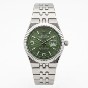 Men's silver stainless steel watch with a green honeycomb dial and date display