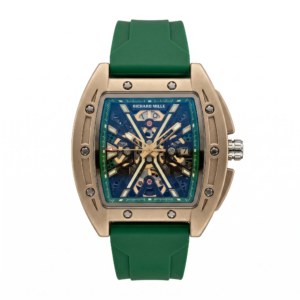 Gold-tone tonneau skeleton watch with vibrant green rubber strap on a clean white background