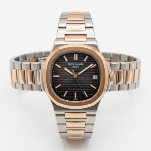 Patek Philippe two-tone rose gold and silver watch with black textured dial centered on a clean white background.