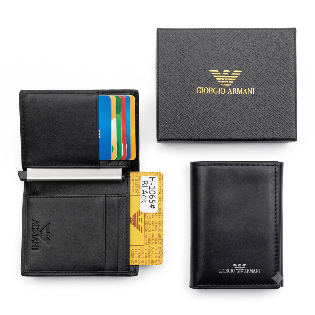 Giorgio Armani Black Leather Tri-Fold Card Holder Wallet with Gift Box