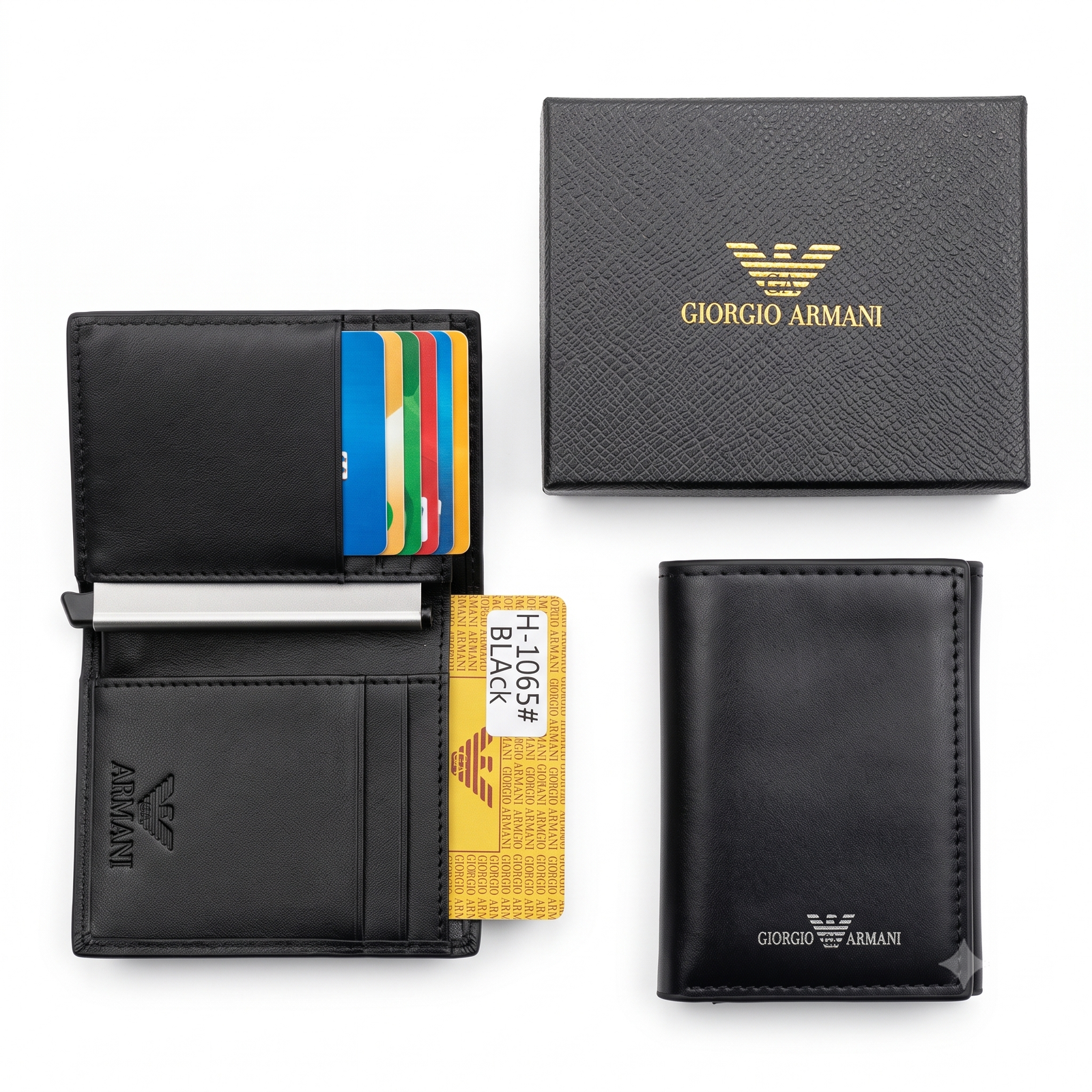 Giorgio Armani Black Leather Tri-Fold Card Holder Wallet with Gift Box