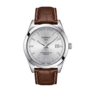Tissot Gentleman Powermatic 80 Silicium watch with silver dial and brown leather strap