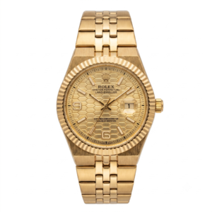 Gold-tone wristwatch with a hexagonal honeycomb pattern dial and fluted bezel on a white background.
